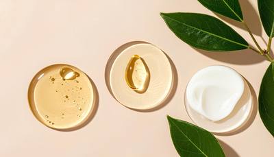 A minimal flatlay of skincare textures—gel, cream, and facial oil—on a soft